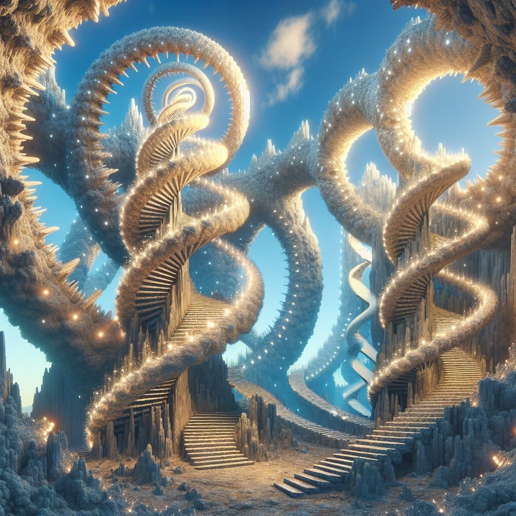 Ethereal DNA Rock Formations with Twisting Staircases