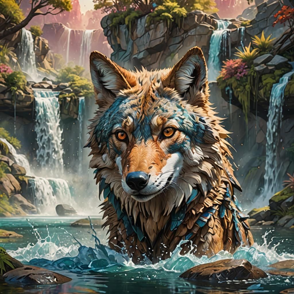 Hyperrealistic Coyote in Fantasy Landscape Splash Art