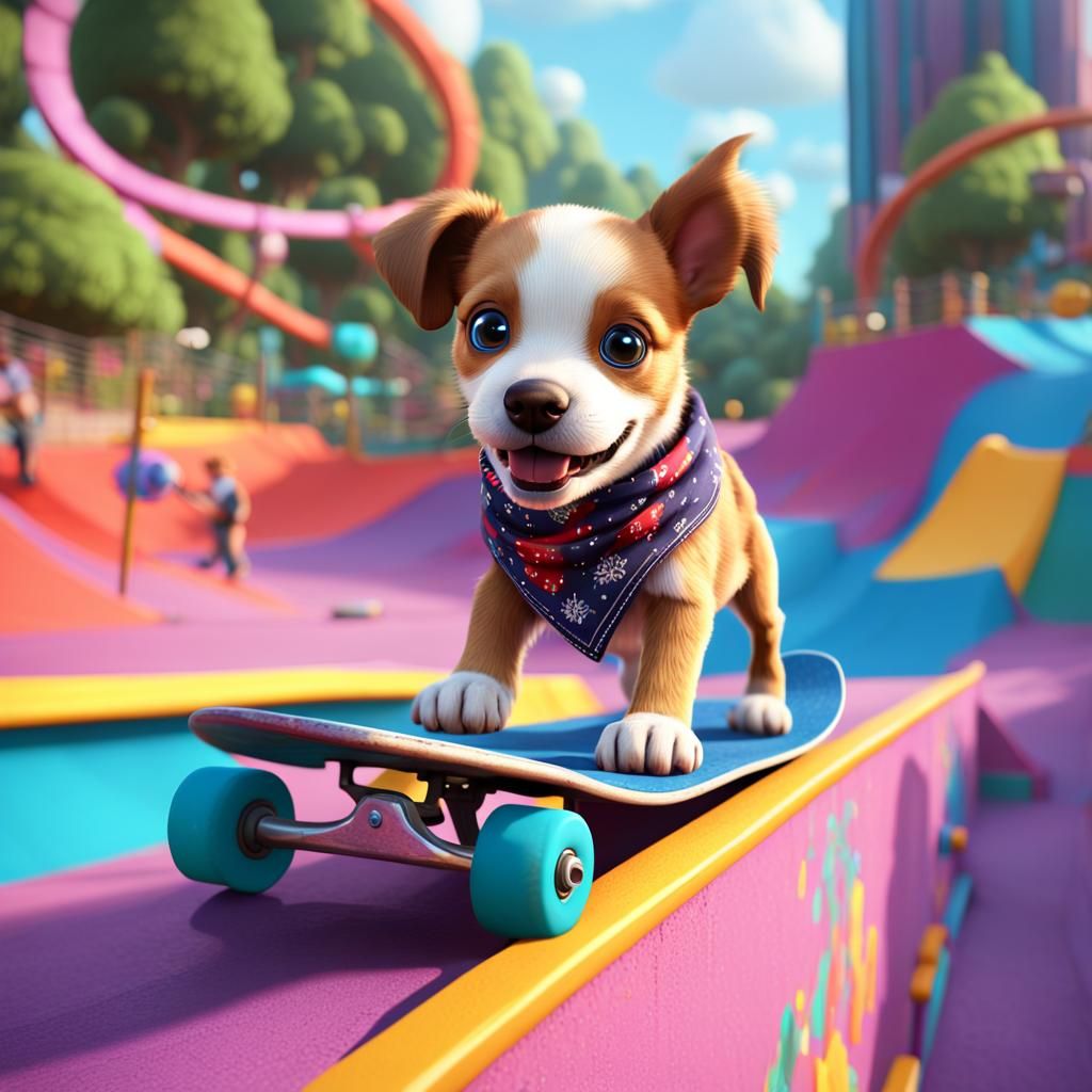 Puppy Skateboarder in Cartoon Skate Park