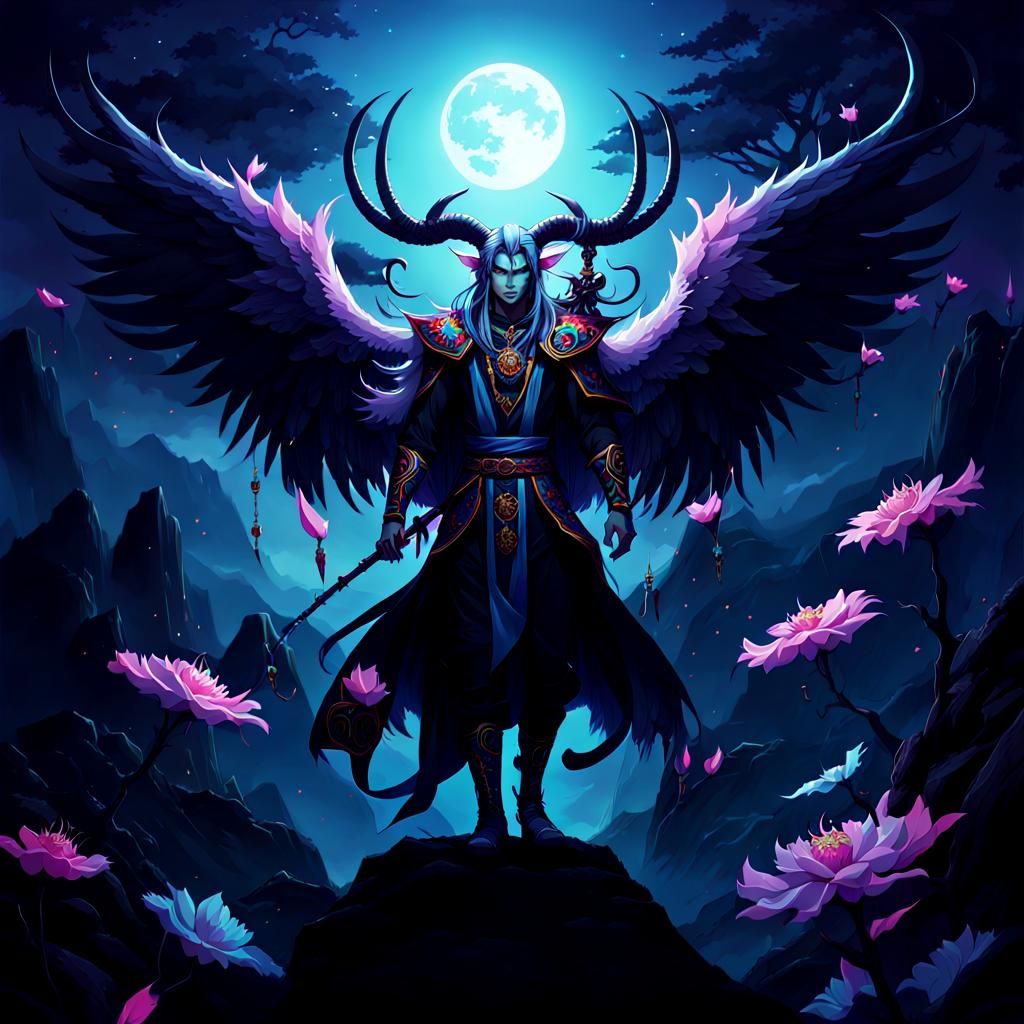 Neon Tiefling in Fantasy Manga Style