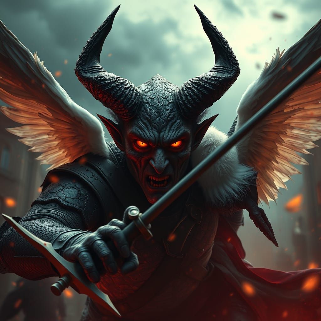 Demon Warrior Battles Angels in Apocalyptic Cityscape