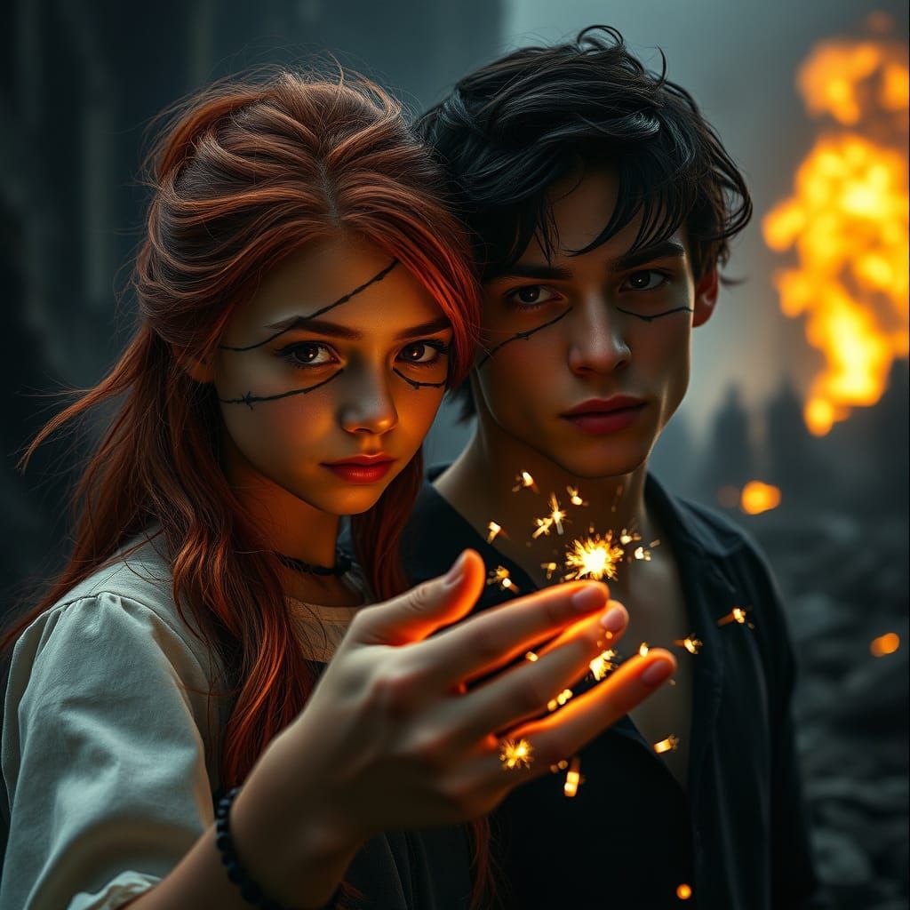 Mysterious Youth and Fiery Woman in Ruined World