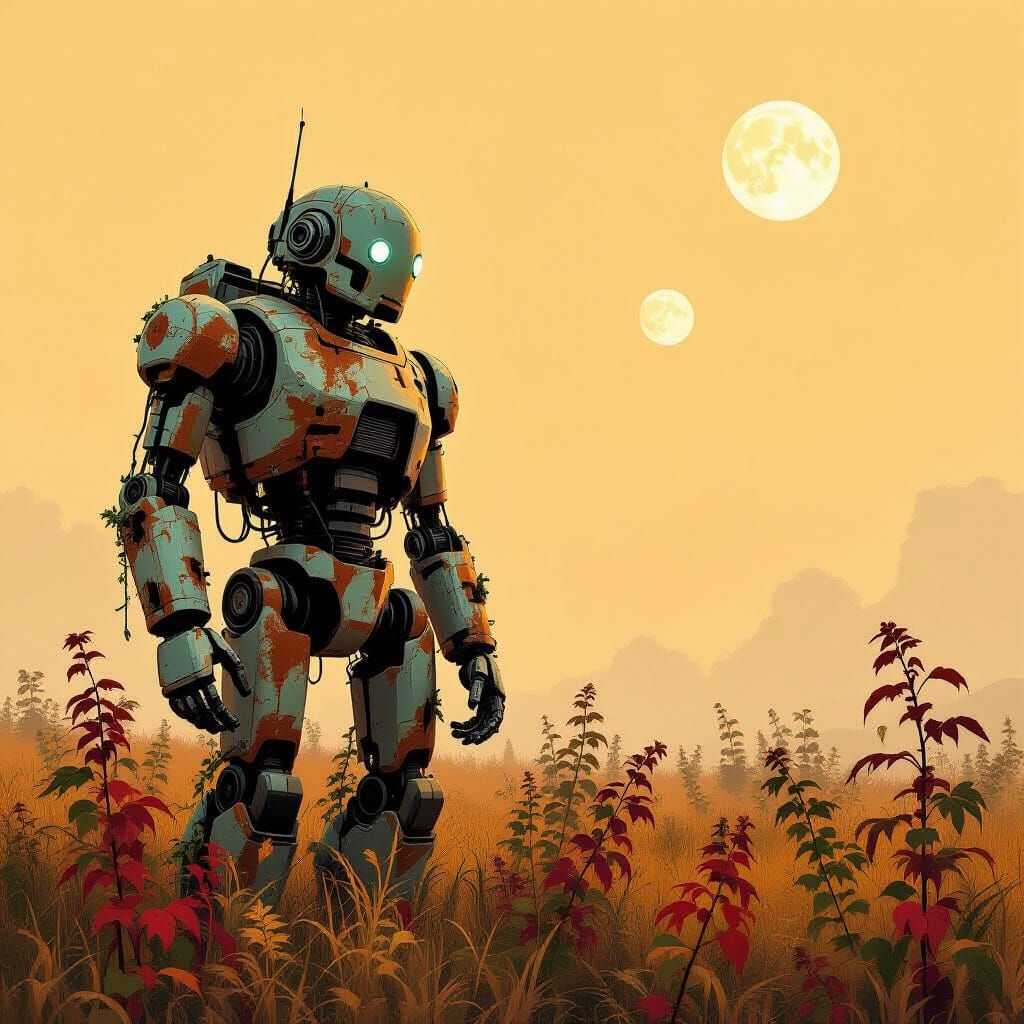 Vintage Robot in Alien Field, Digital Art