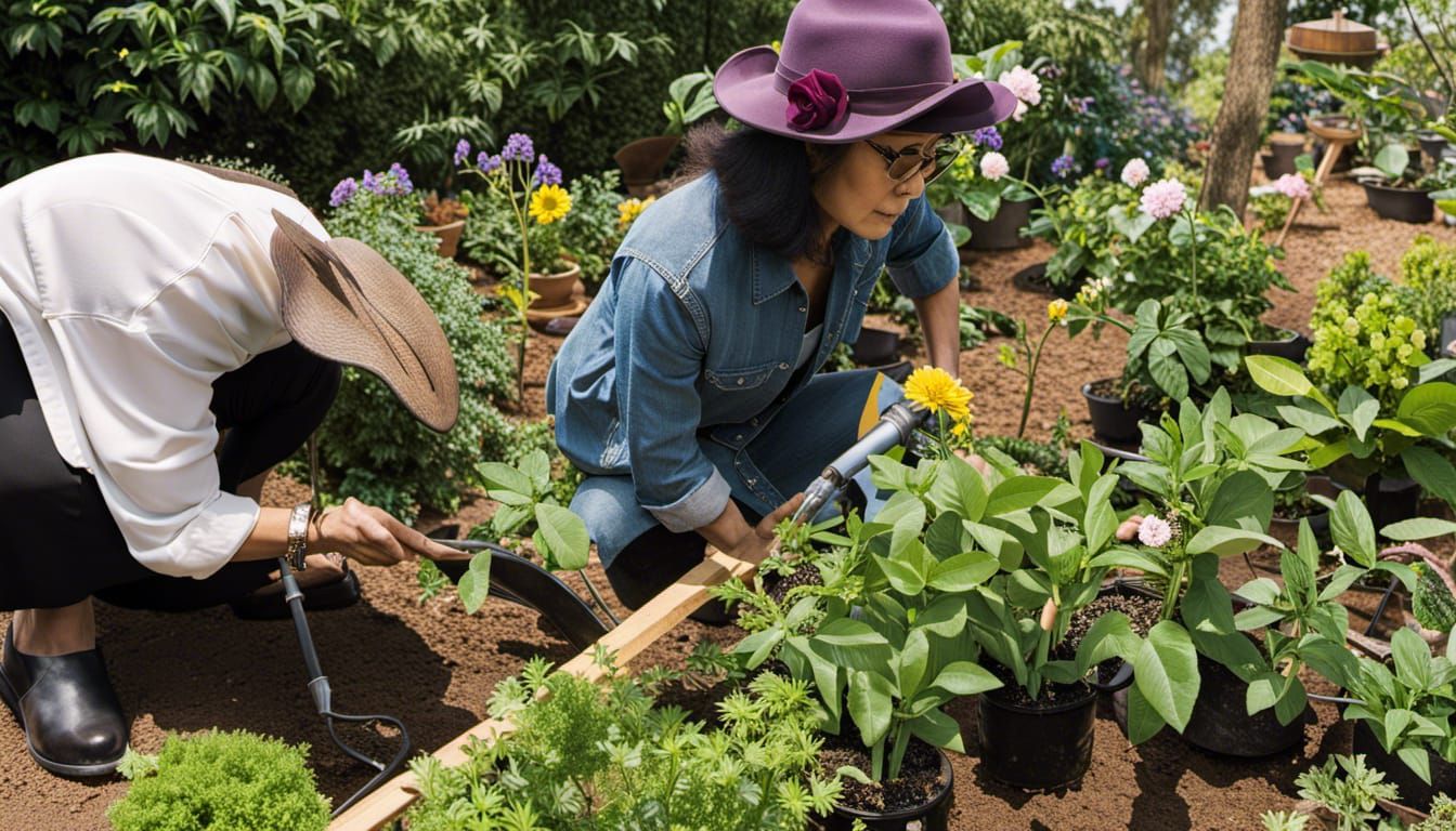 Yoko Ono as a gardener, pruning and tending to vibrant flowe...