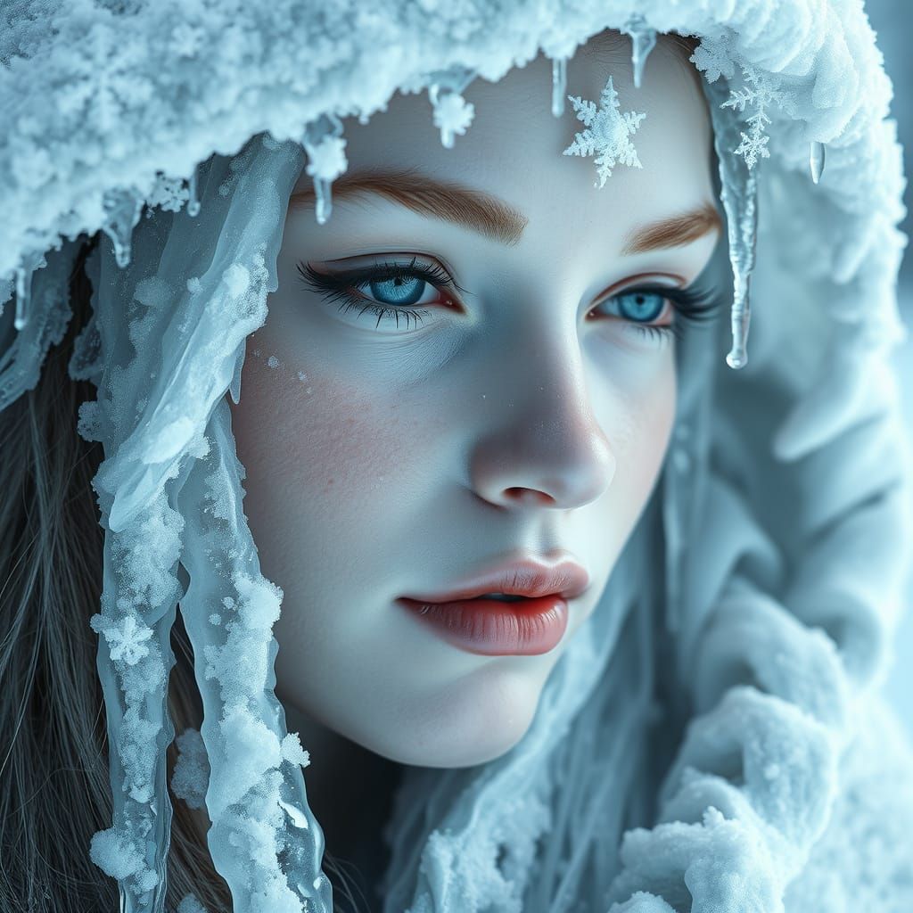 Ethereal Ice Goddess in a Snowy Serene Landscape