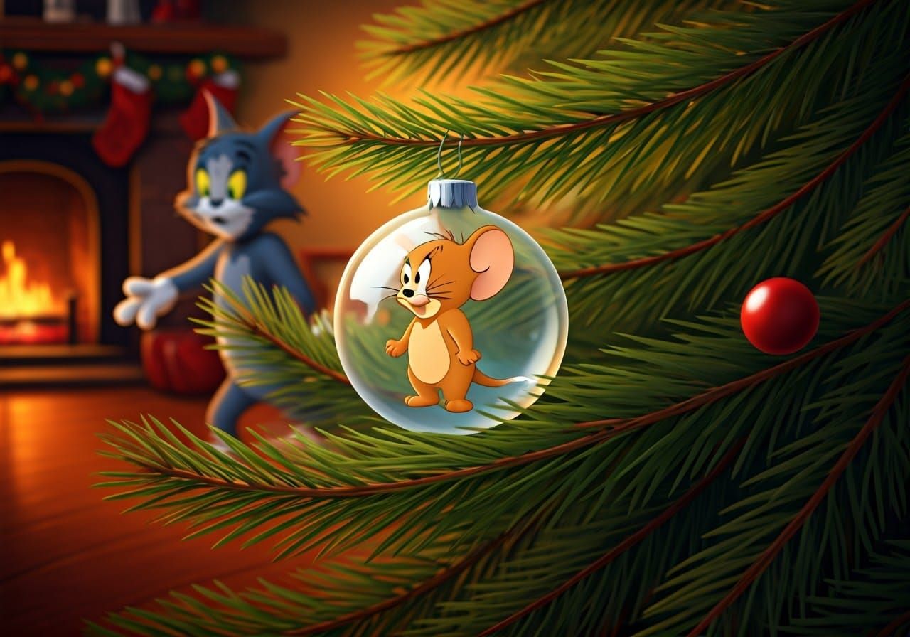 Jerry Hides in Christmas Tree Decorations as Tom Paces Below
