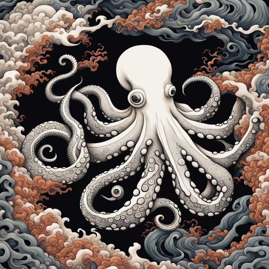 Octopus in Hokusai Style: Fluid Maximalist Illustration