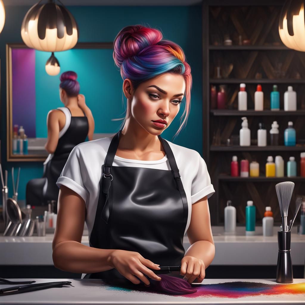 Hyperrealistic Hairdresser in Salon with Splash Art