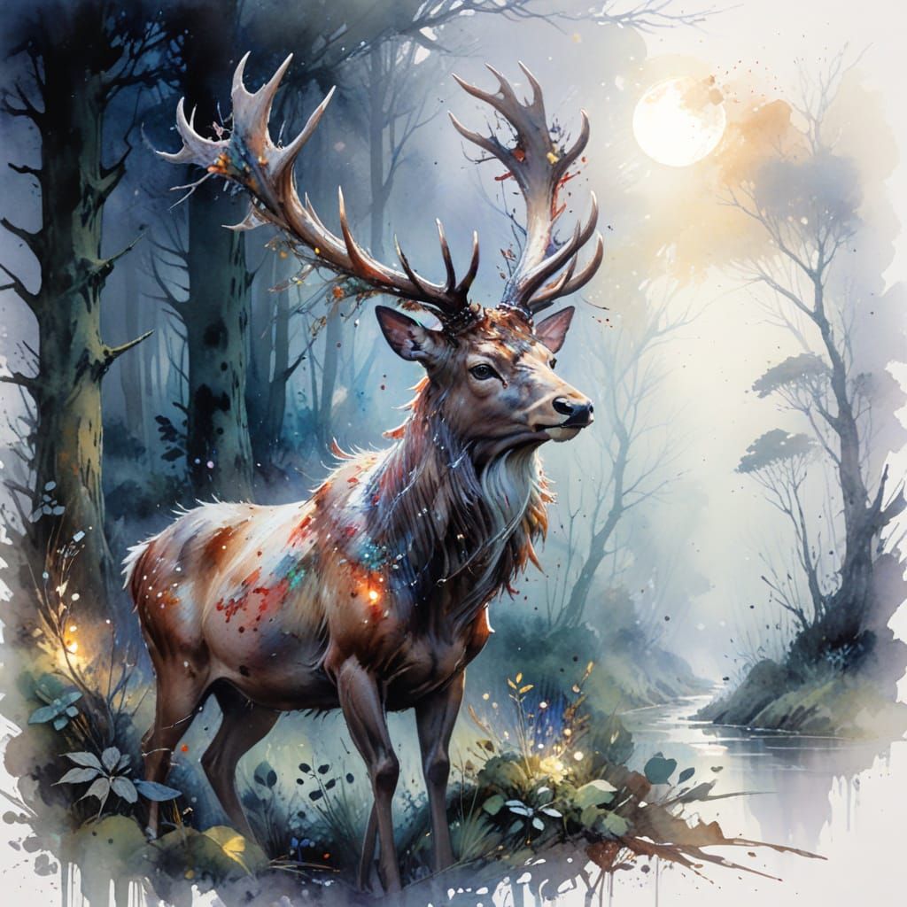 Moonlit Stag in Whimsical Forest Shadows