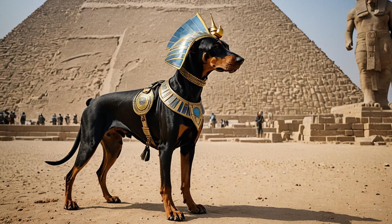 Doberman Pincher wearing a traditional ancient Egyptian headpiece walks next to the Pyramid of Giza