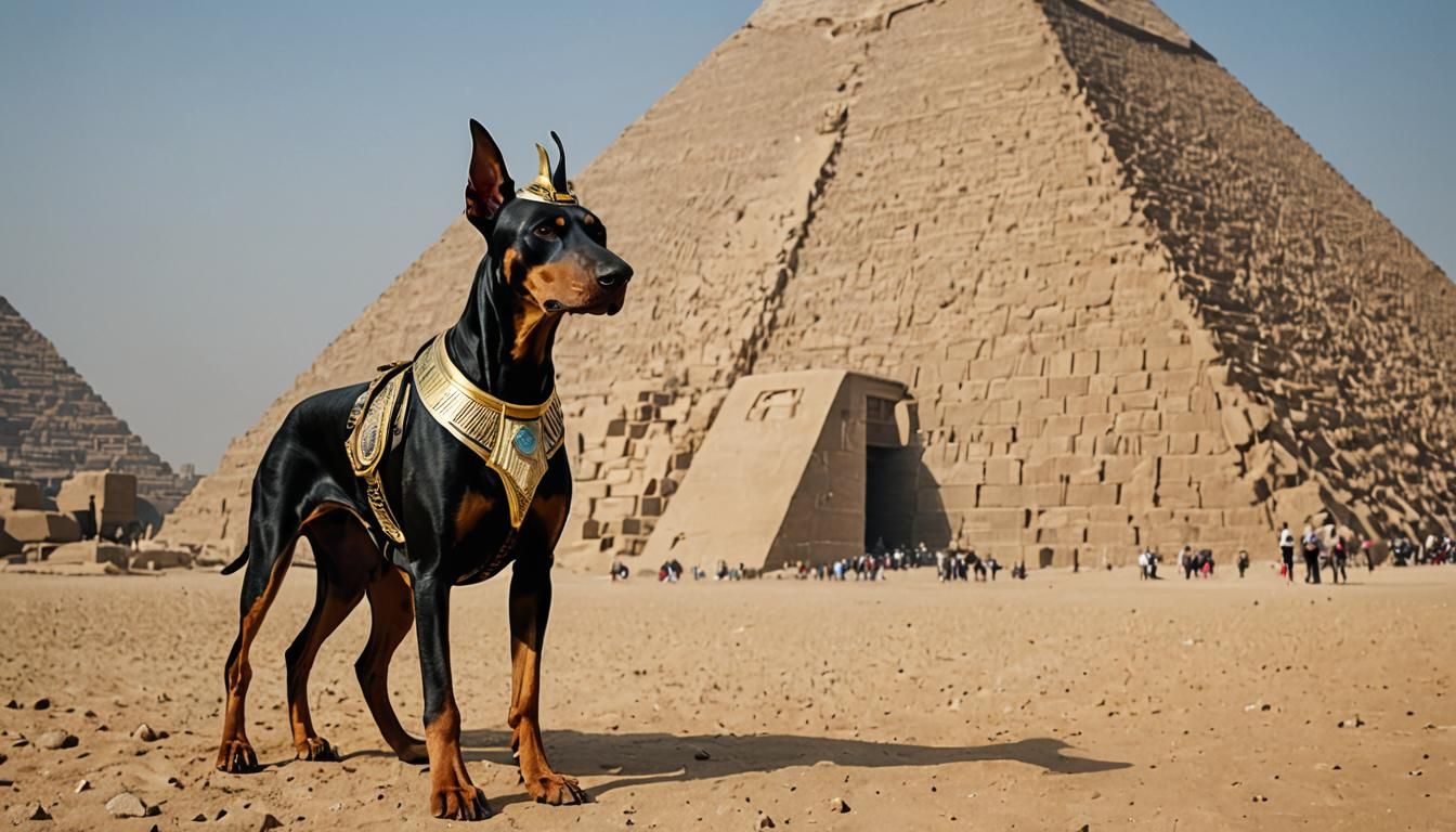 Doberman Pincher wearing a traditional ancient Egyptian headpiece walks next to the Pyramid of Giza