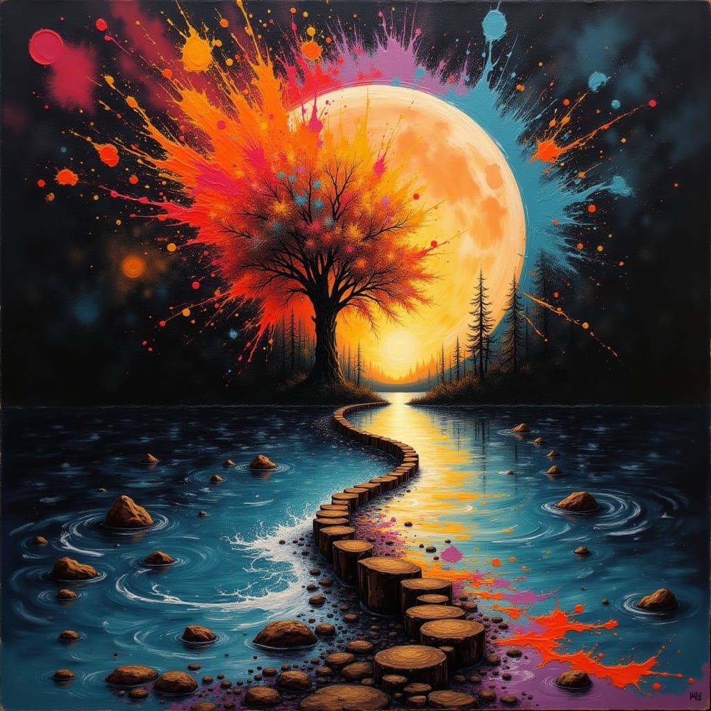 Explosive Abstract Life Path in Acrylic Splatter