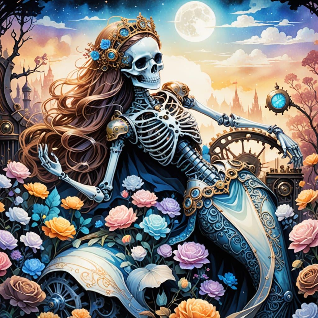 Steampunk Skeleton Lady in Golden Clockwork Crown