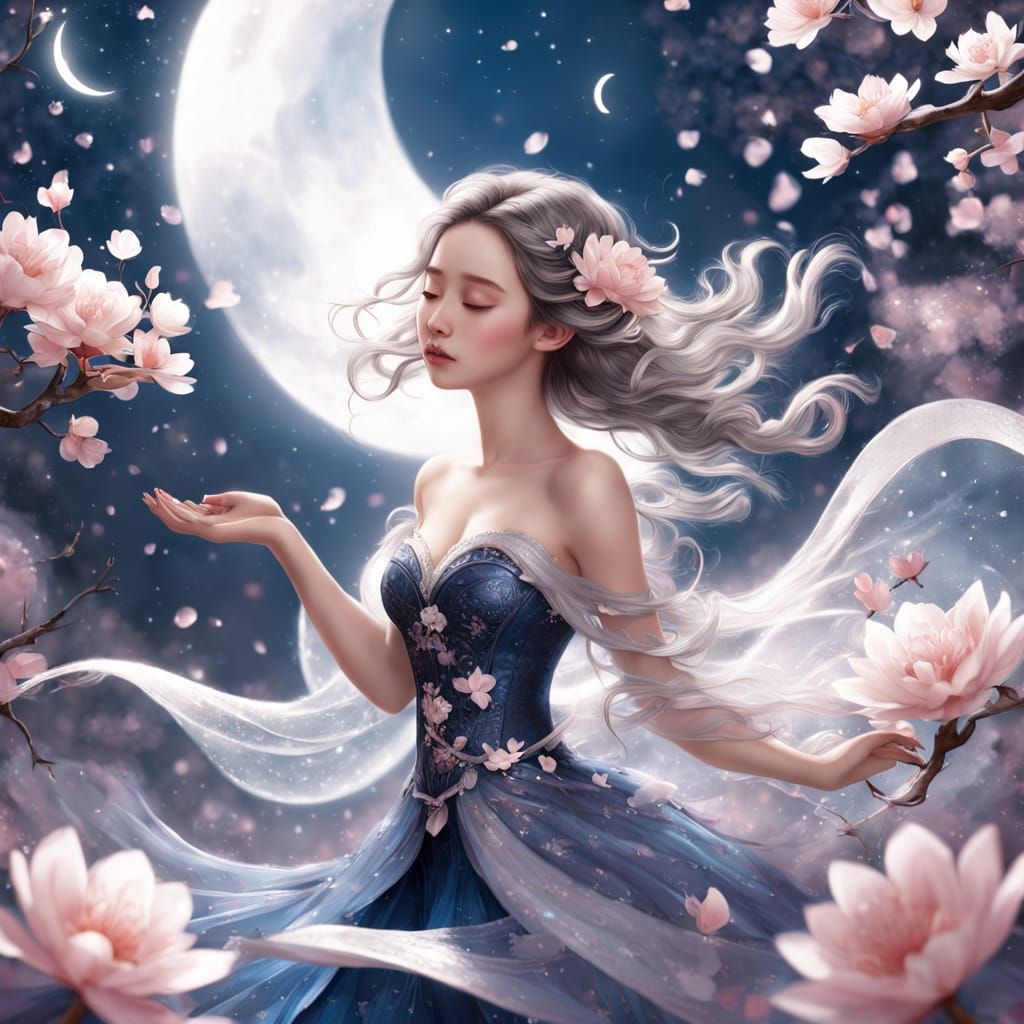 Dreamy Sakura Blooms Under Silver Moonlight