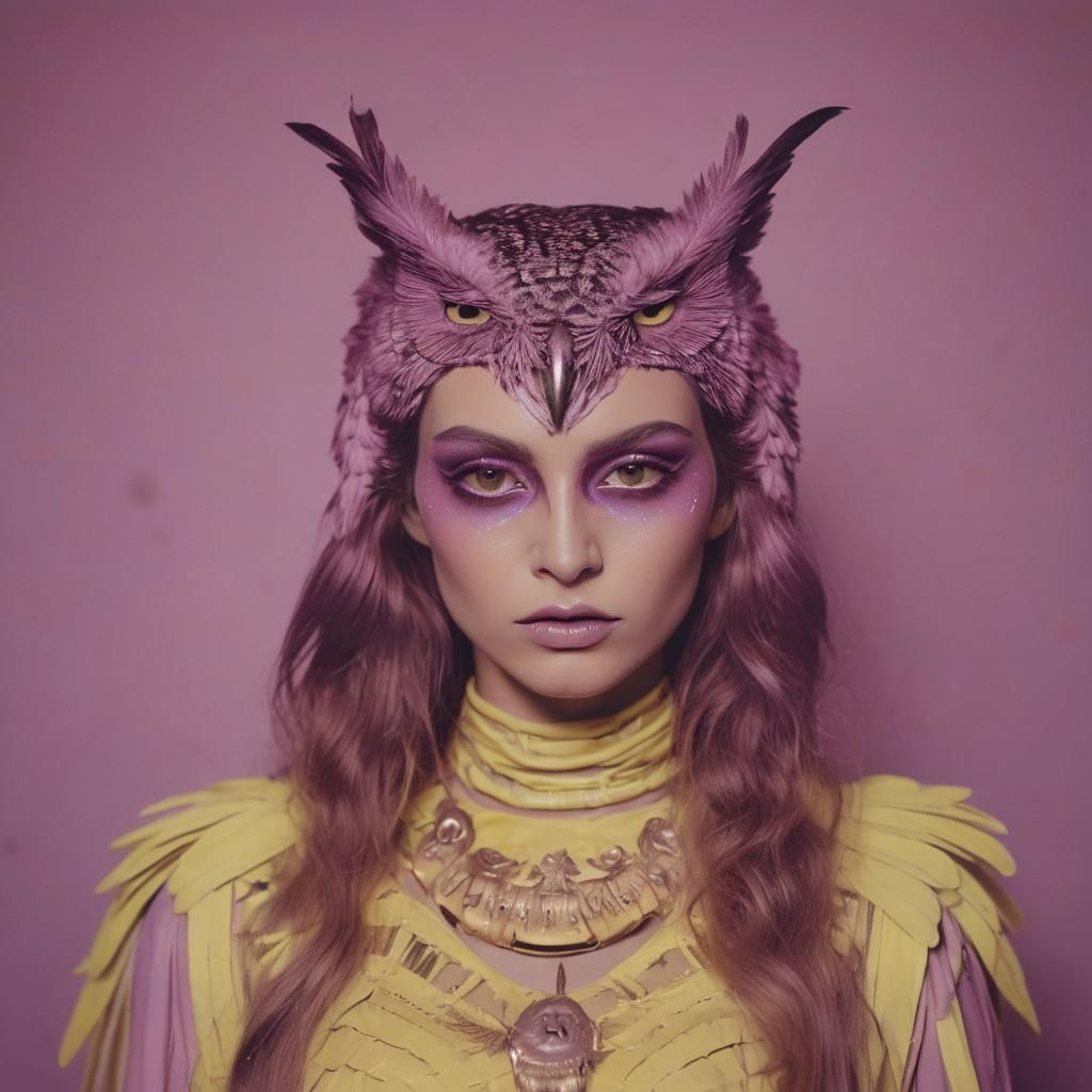 Neon Goddess Athena and Wizard Owl in Polaroid Style