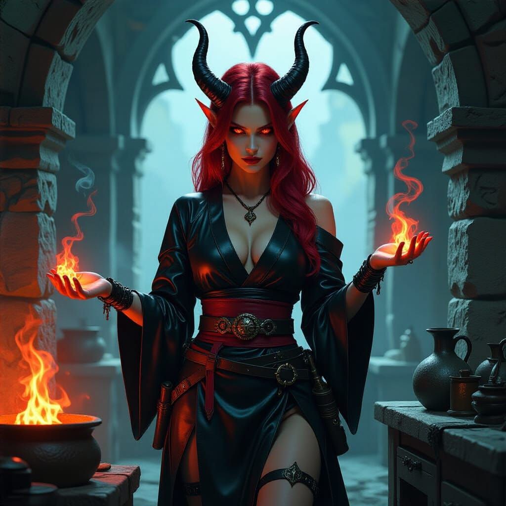 Tiefling Alchemist Mixing Concoctions in Shadowy Laboratory