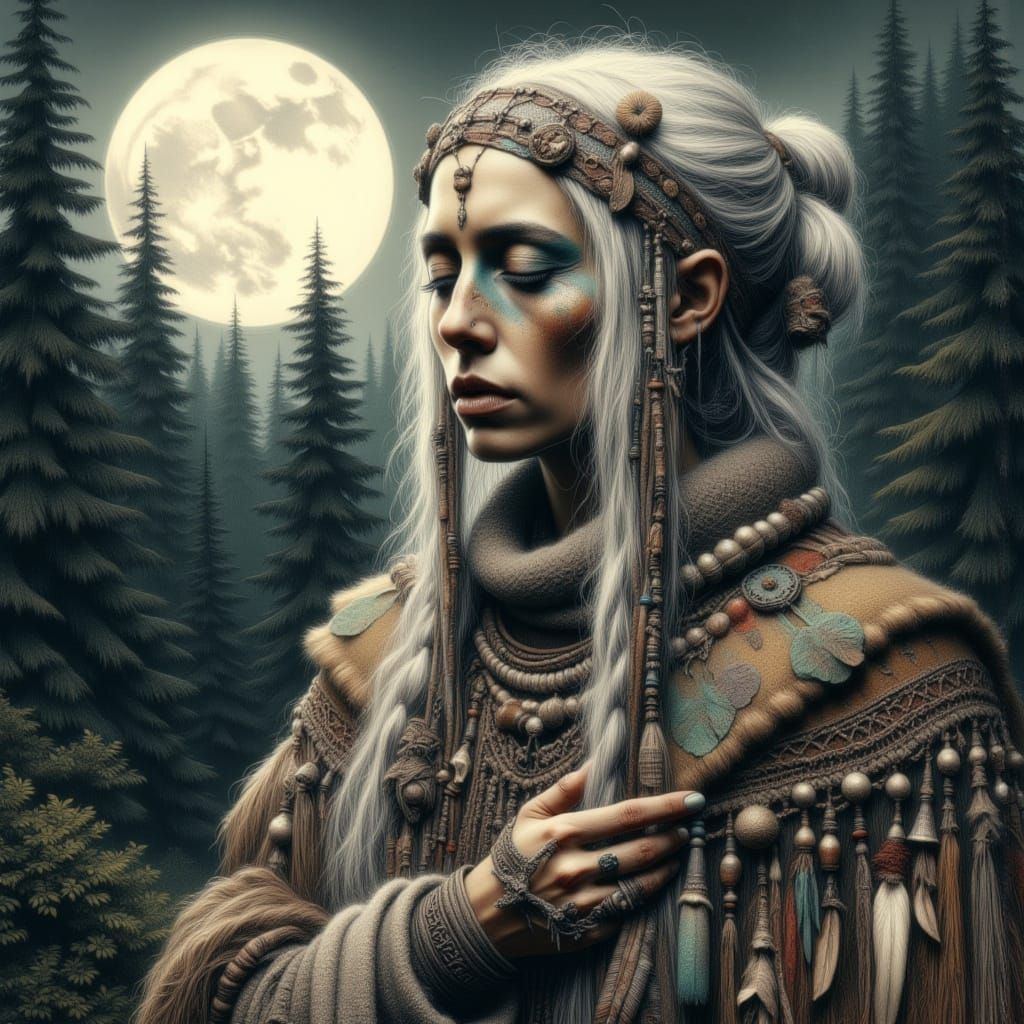 Tribal Medicine Woman Worshipping Moon