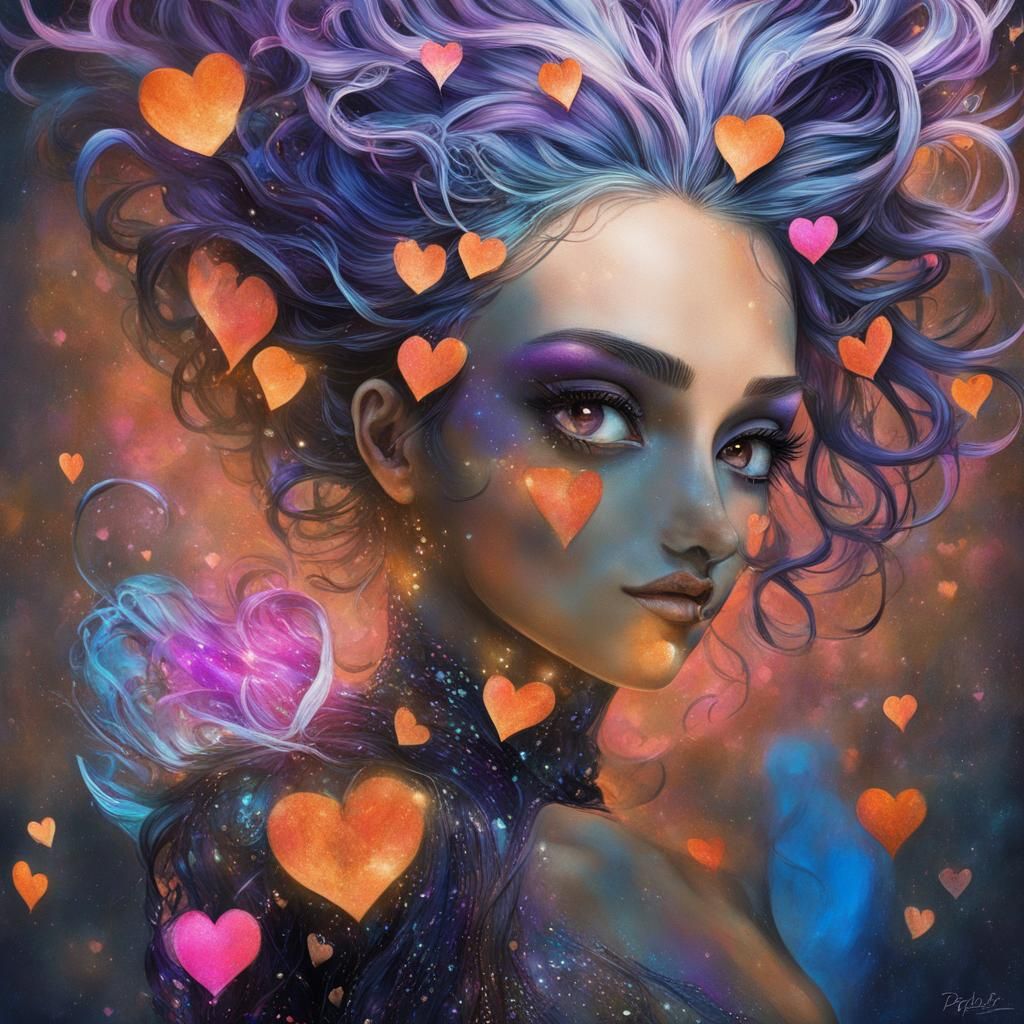 Hyperrealistic Portrait of a Woman with Glowing Hearts