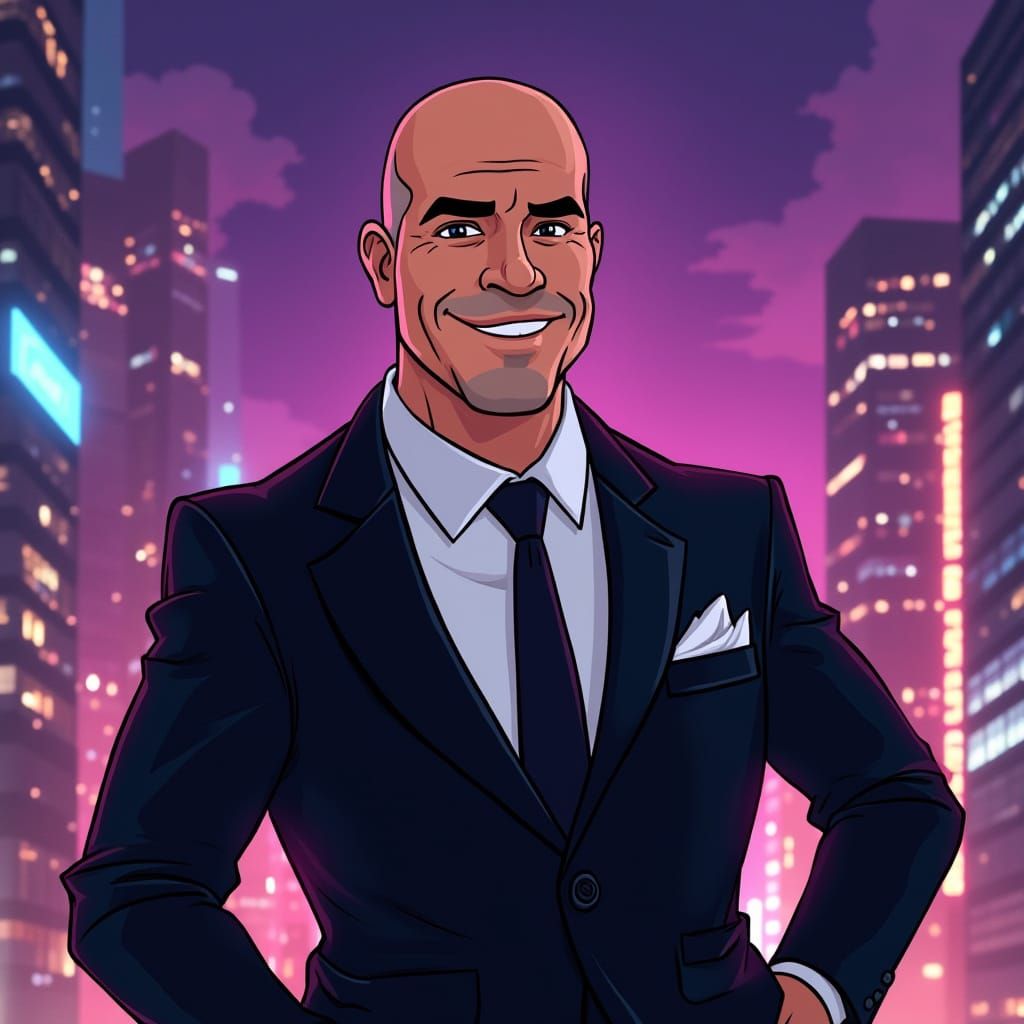 Confident Joe Rogan in Neon City, 4k Cartoon Style