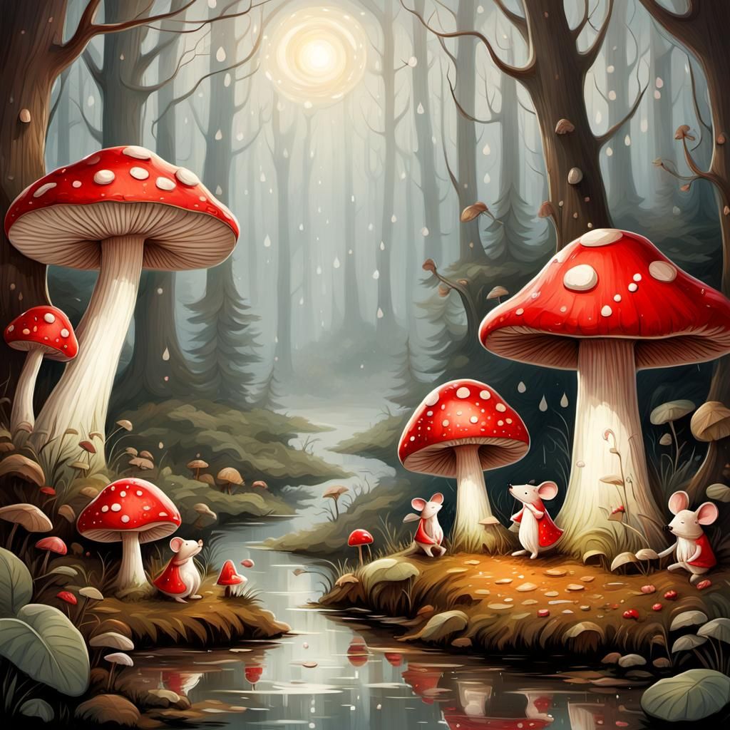 Whimsical Mushroom Home in Rainy Forest