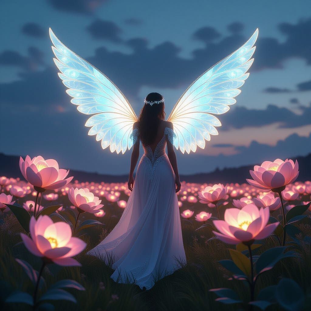 Ethereal Figure with Bioluminescent Wings in a Glowing Flowe...