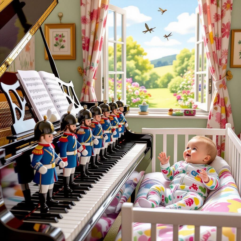Toy Army Marches to Cheering Baby: Whimsical Art