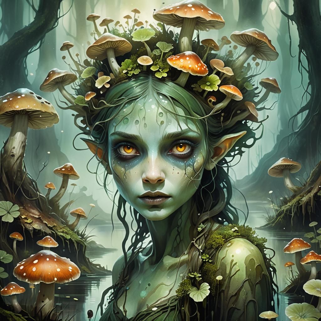 Ethereal Swamp Fairy Portrait in Watercolour Style