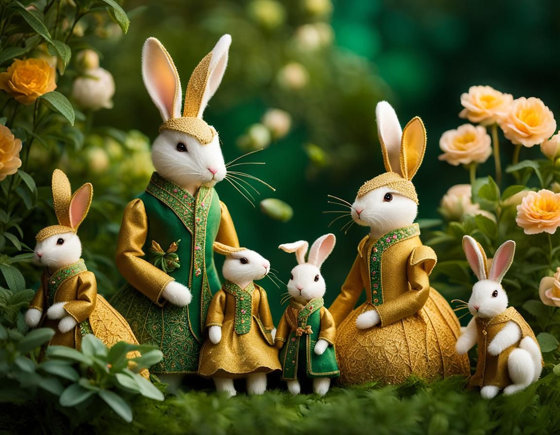 Golden String Rabbit Dolls in Ethereal Garden