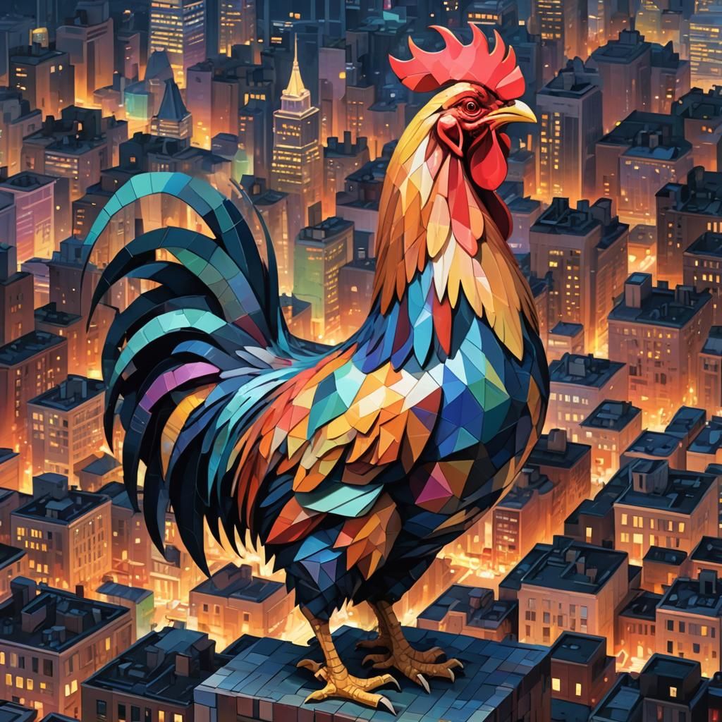 Vibrant Cubist Rooster in Geometric Cityscape