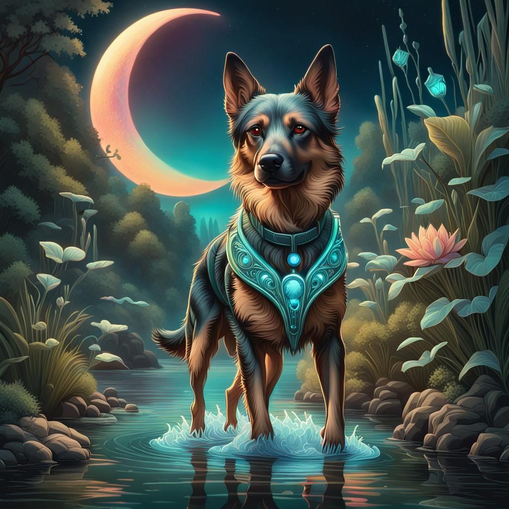 Art Deco K9 in Bioluminescent Moonlit River