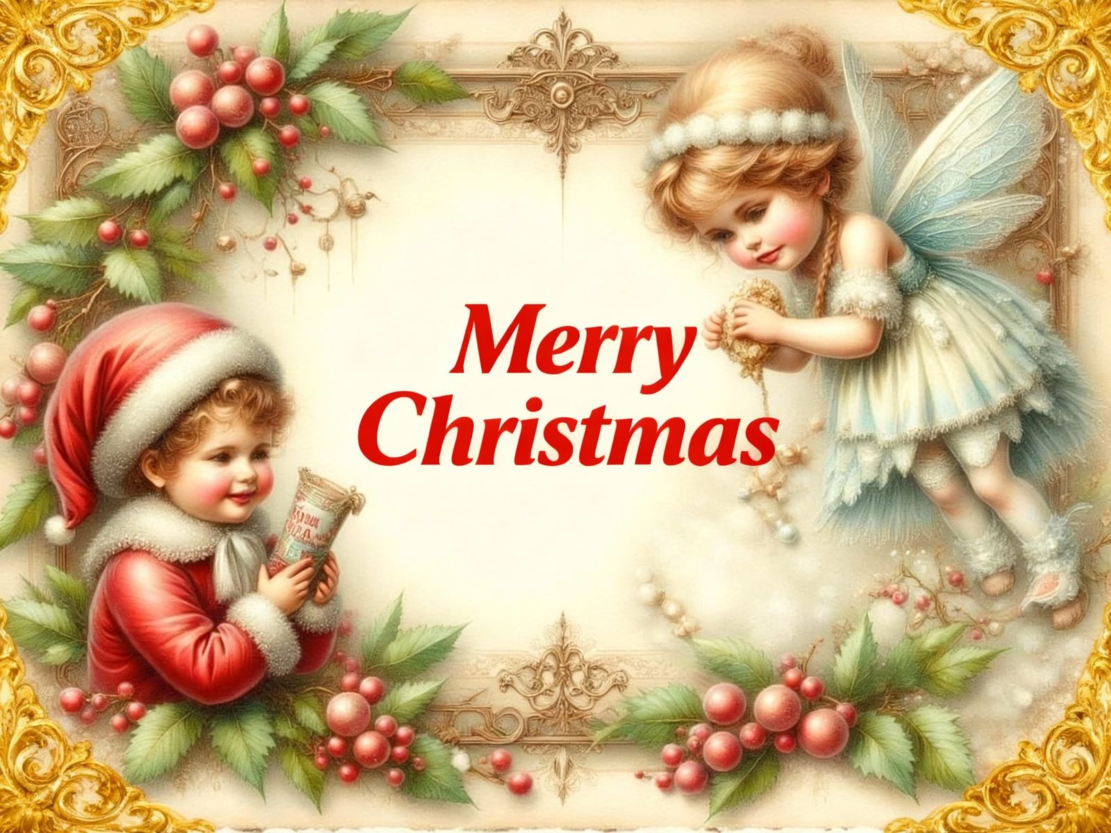 Vintage Christmas Card Art With Snow Fairy and Elf