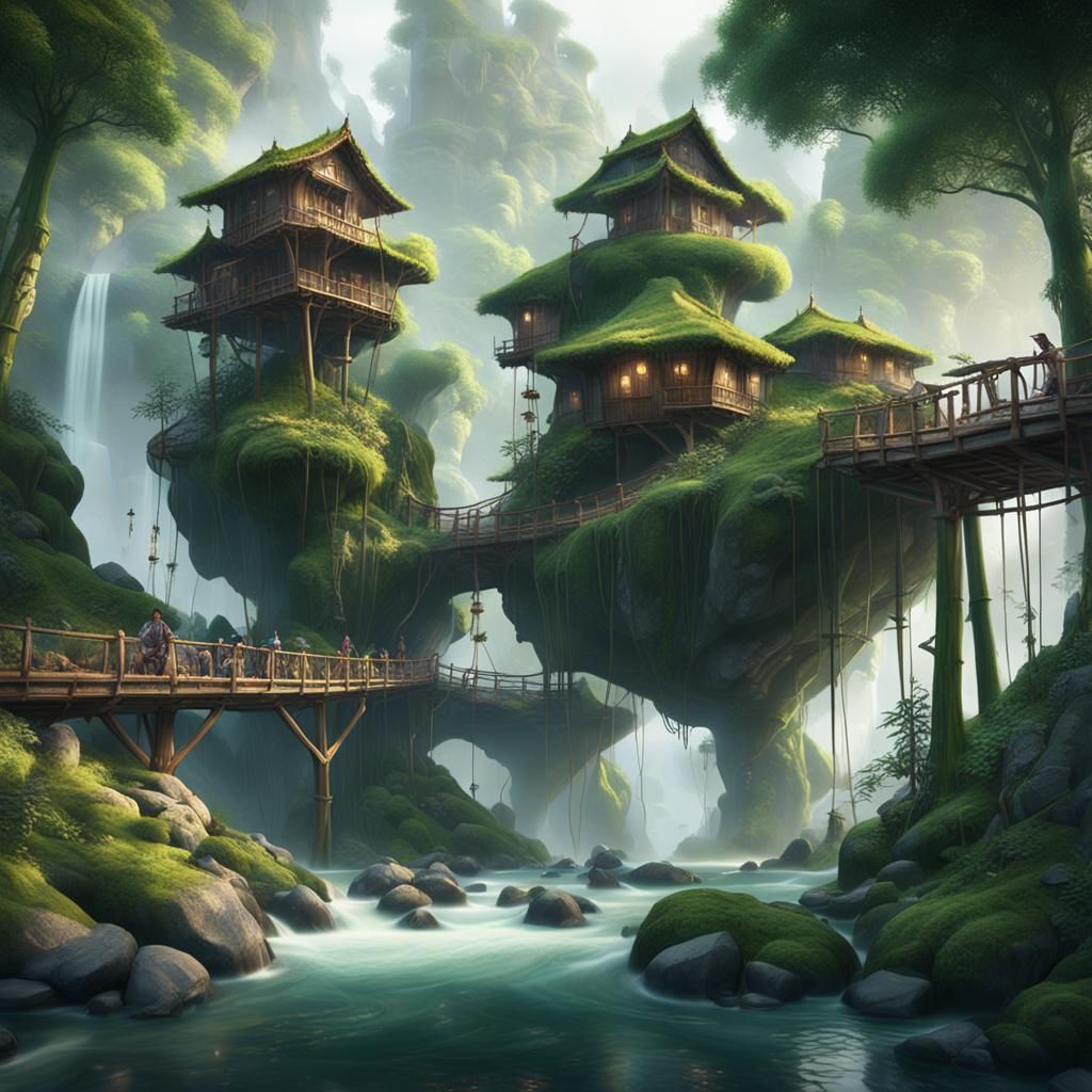 Bamboo Treehouses by Misty Stream: Cinematic Digital Paintin...
