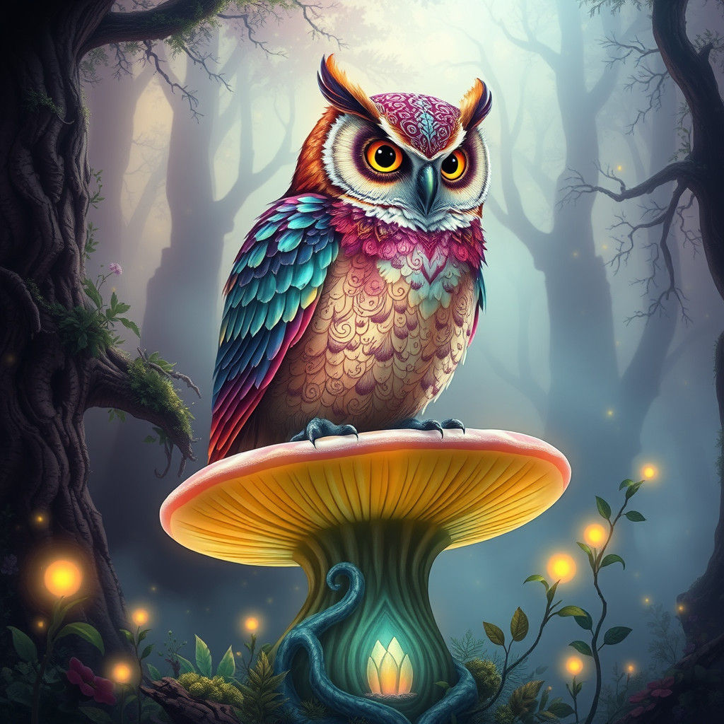 Iridescent Owl in Mystical Glowing Forest