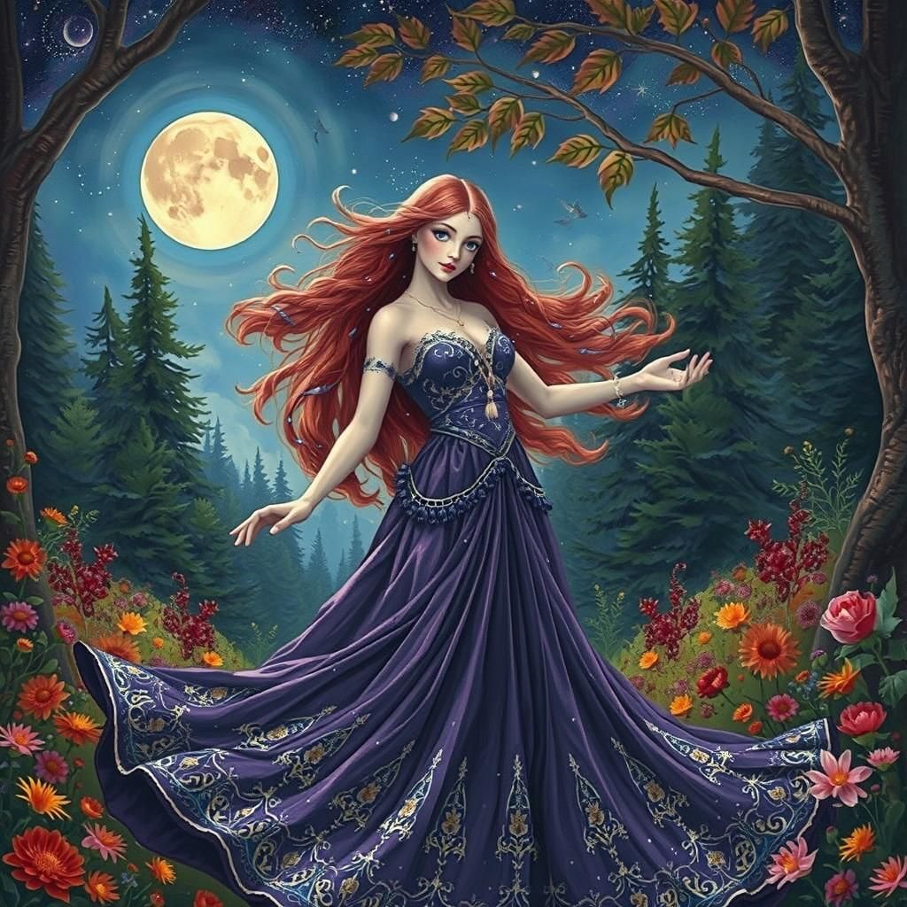 Gypsy Girl Dancing in Autumn Forest, Folklore Illustration