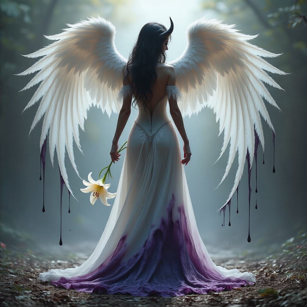 Photorealistic and ultra detailed picture of an hybrid angel and demon woman. An ethereal figure, she stands with an uns...