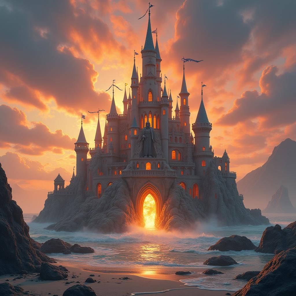 Majestic Sand Castle with King Statue in Fantasy Style