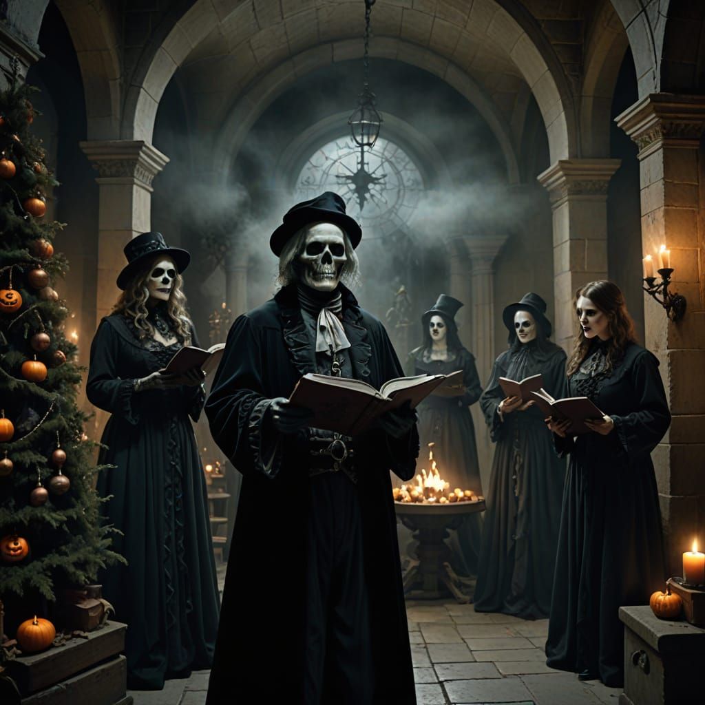 Undead Carolers Haunt Crypt with Ghostly Christmas Tree