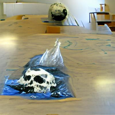 Skull Covered with Plastic Bags on Table