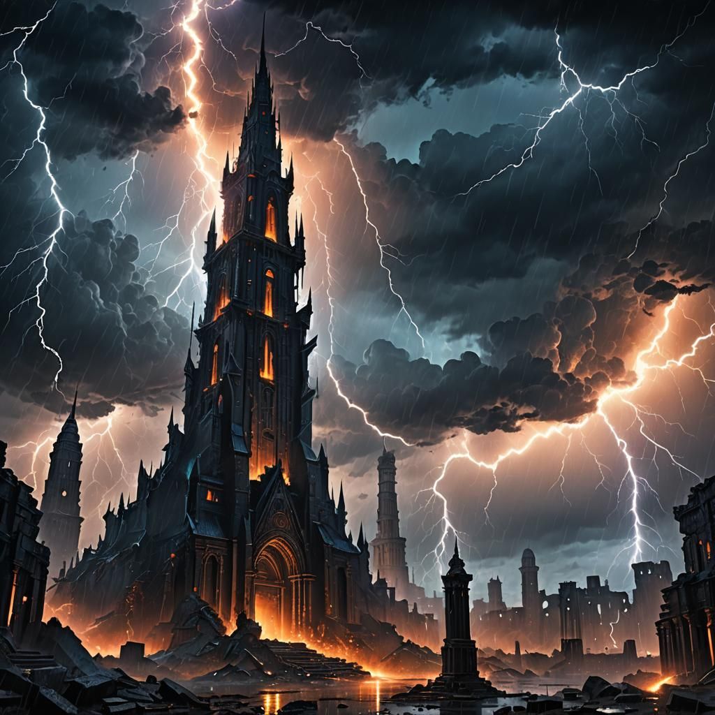 High-Tech Spire in Dystopian Cityscape