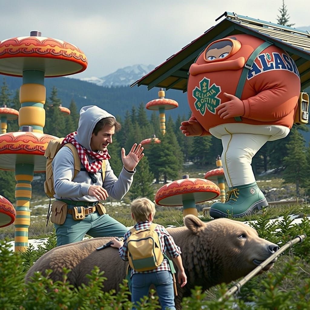 Giant Vinyl Hiker Fights Grizzly Bear in Faded Photo Style