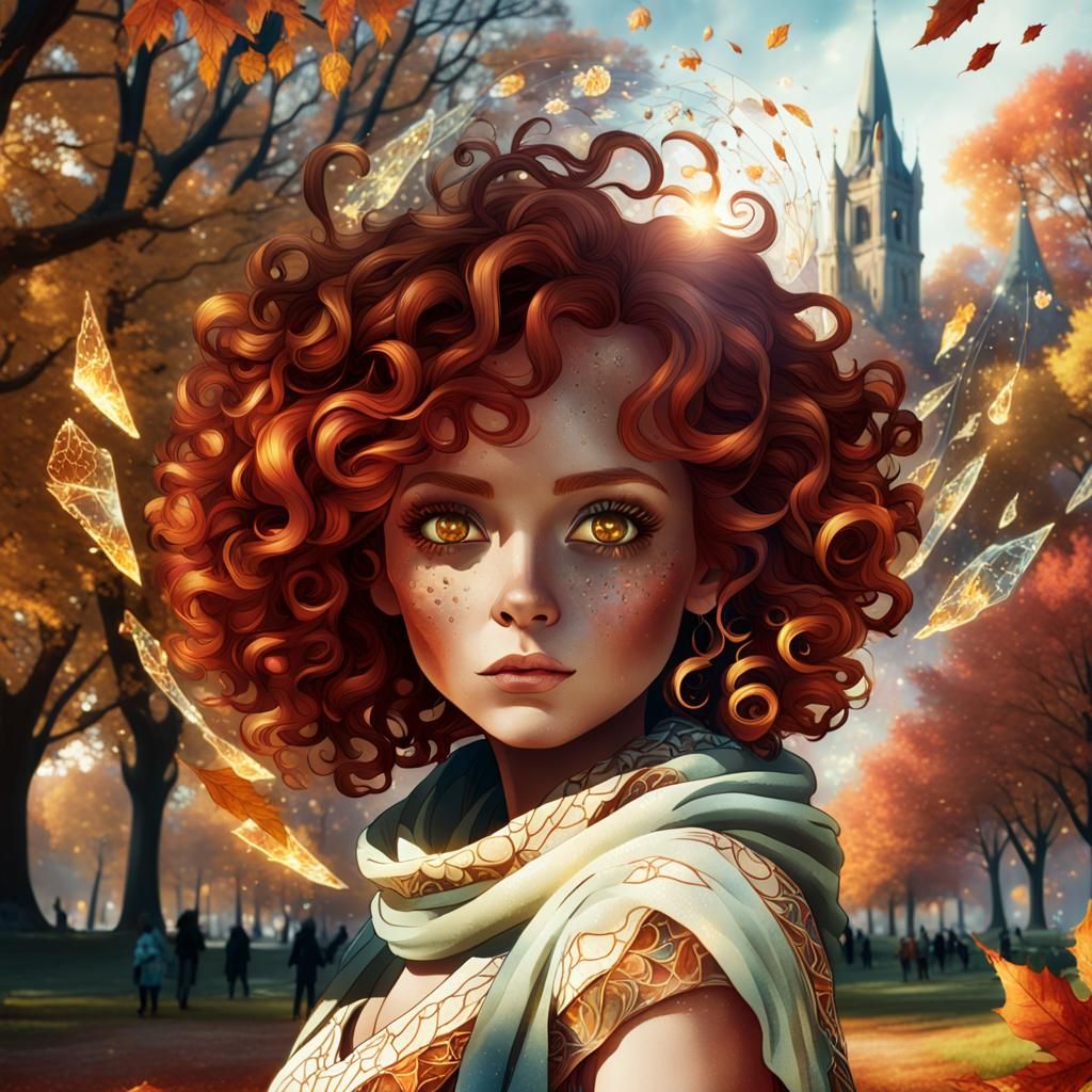 Woman with Red Hair in Autumn Dress, Fantasy Art