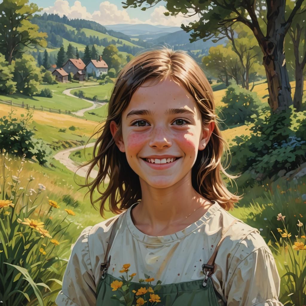 Girl Smiling Shyly in Country Landscape