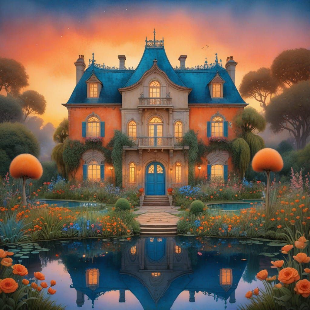 Dreamy Mansion Watercolour Painting with Faded Garden and Po...