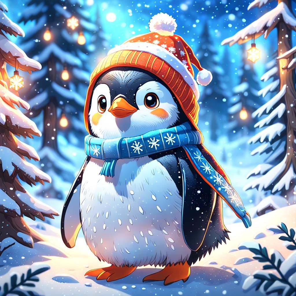 Festive Penguin in Snowy Forest: Anime Key Visual