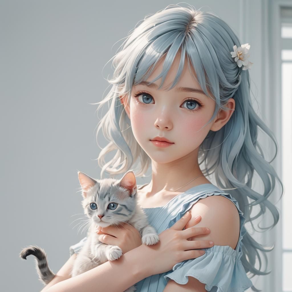 Anime Girl with Kitten in Pastel Colors