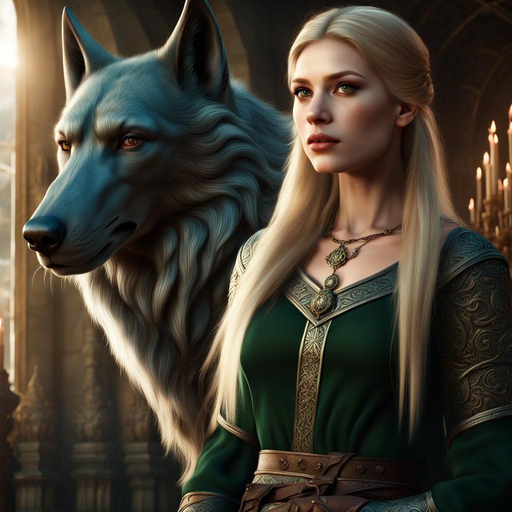 Noble Woman and Wolf in Viking Castle Foyer