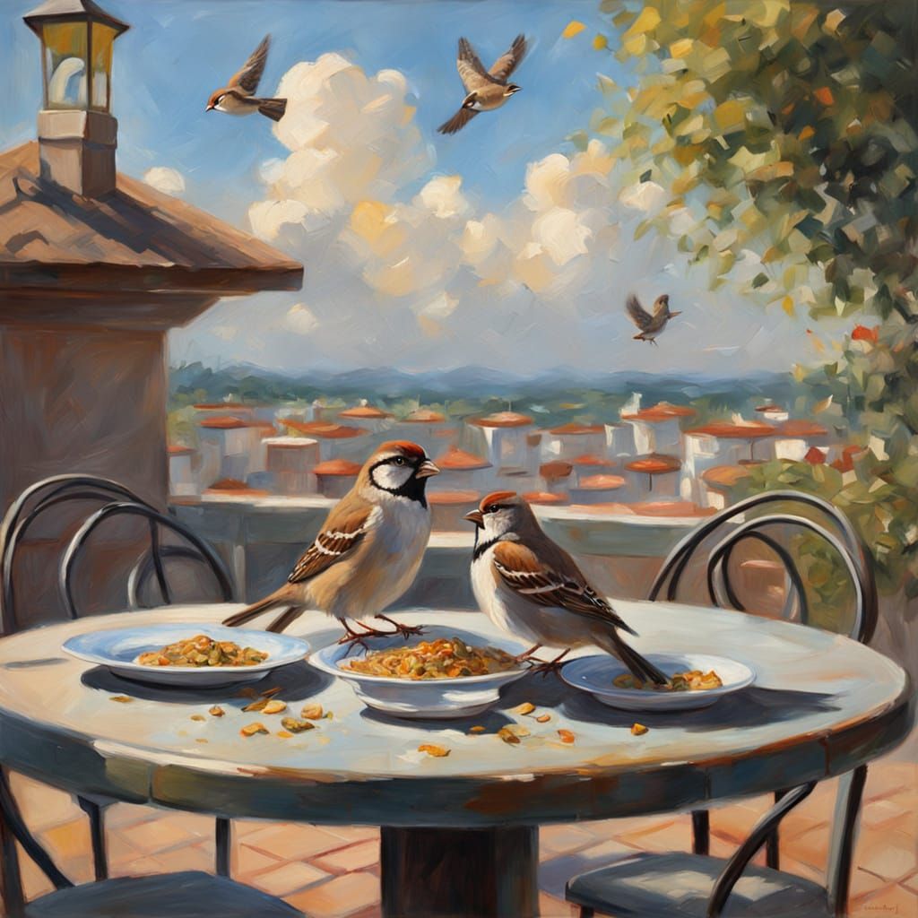 Sparrows Collect Crumbs on Restaurant Terrace in Impressioni...