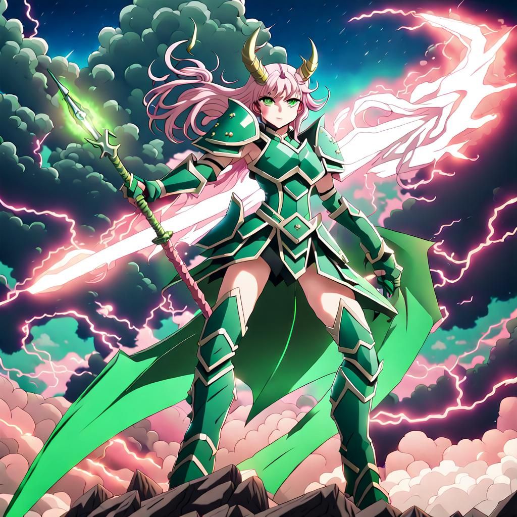 Anime Warrior in Dragon Armor Under Thunderous Sky