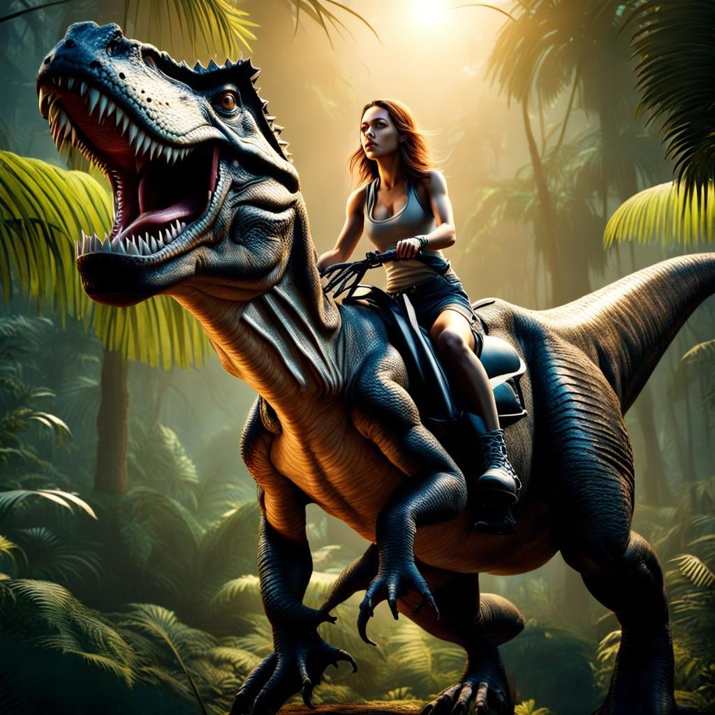 Girl Rides a T-Rex Through Jungle, Cinematic Lighting