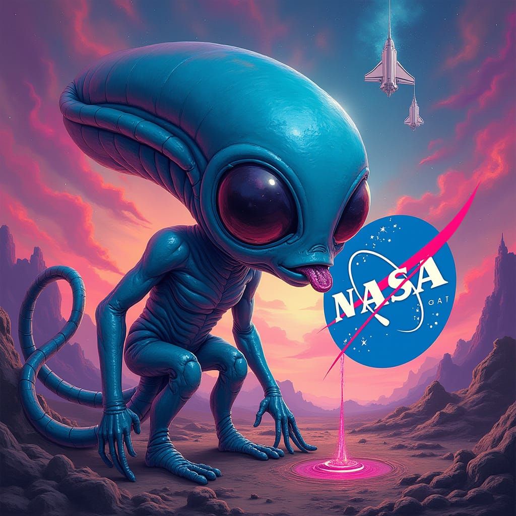 Alien Defiles NASA Logo in Vibrant Digital Art